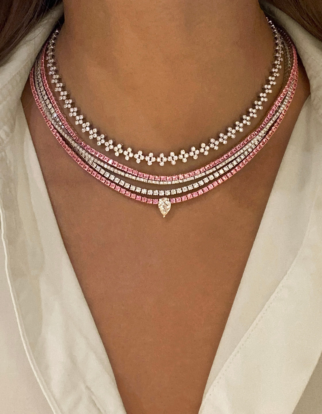 1ct GIA Pear Diamond on Pink Sapphires Medium Line Necklace in 18K Rose Gold- READY TO SHIP