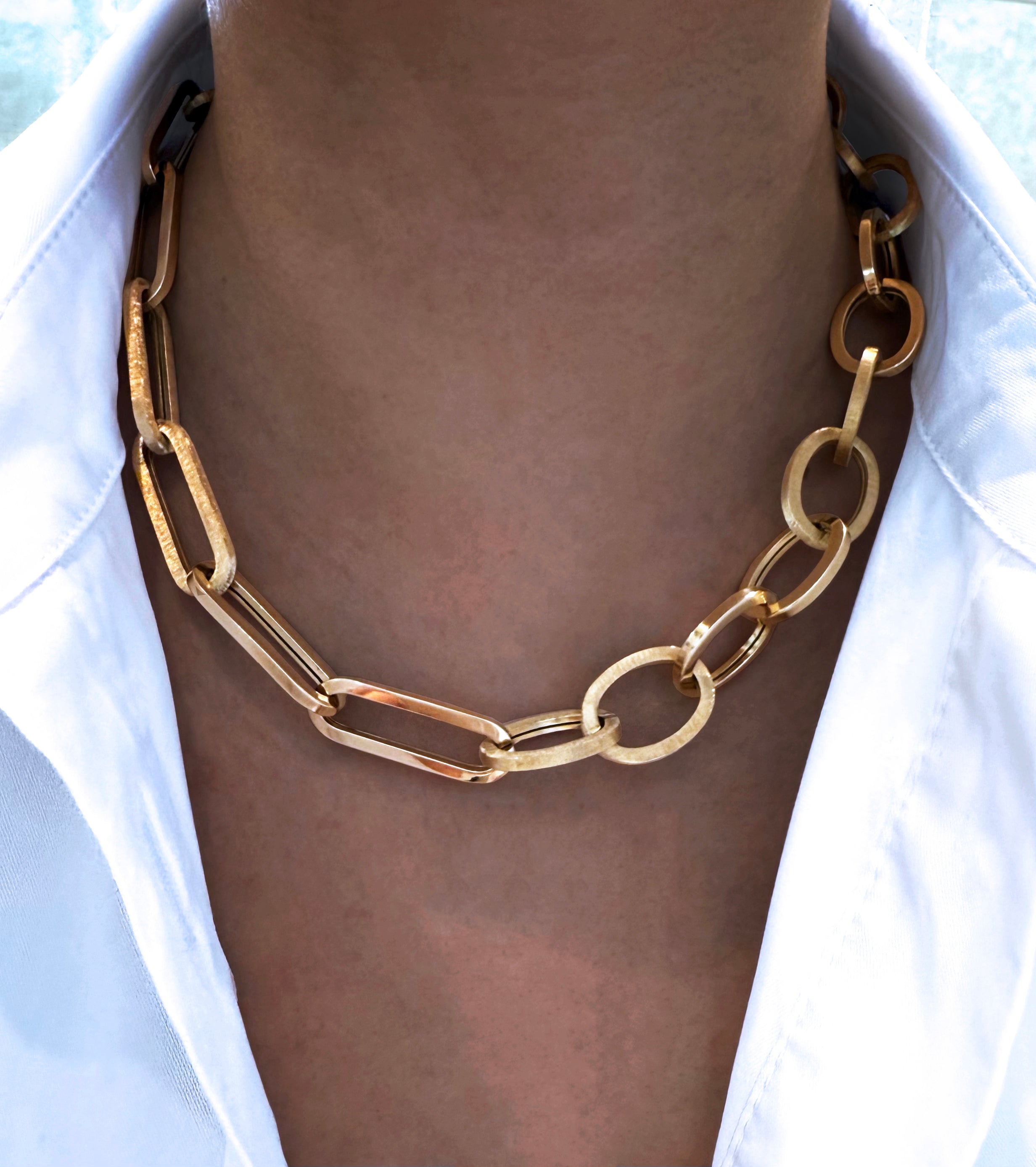 Asymmetrical Chunky Gold Link Necklace in 18K Yellow Gold