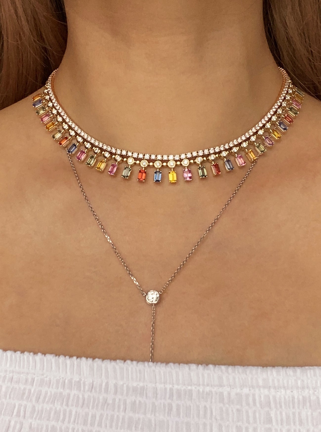 Octagon Rainbow Sapphire and Diamond Necklace in Yellow Gold