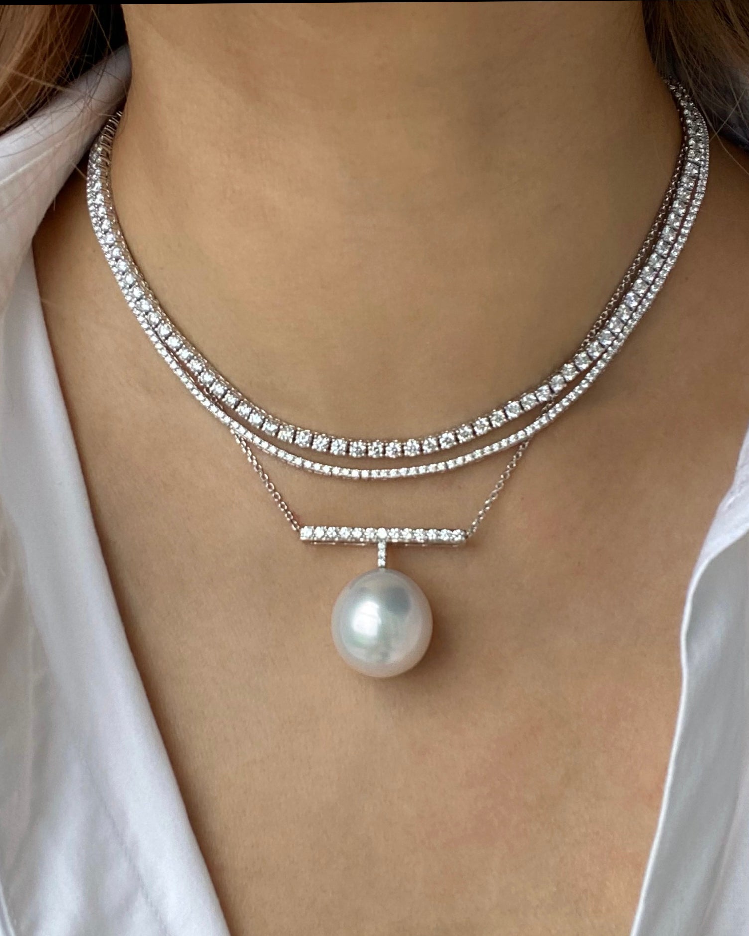 South Sea Pearl Egg and Diamond T-Necklace in 18K White Gold