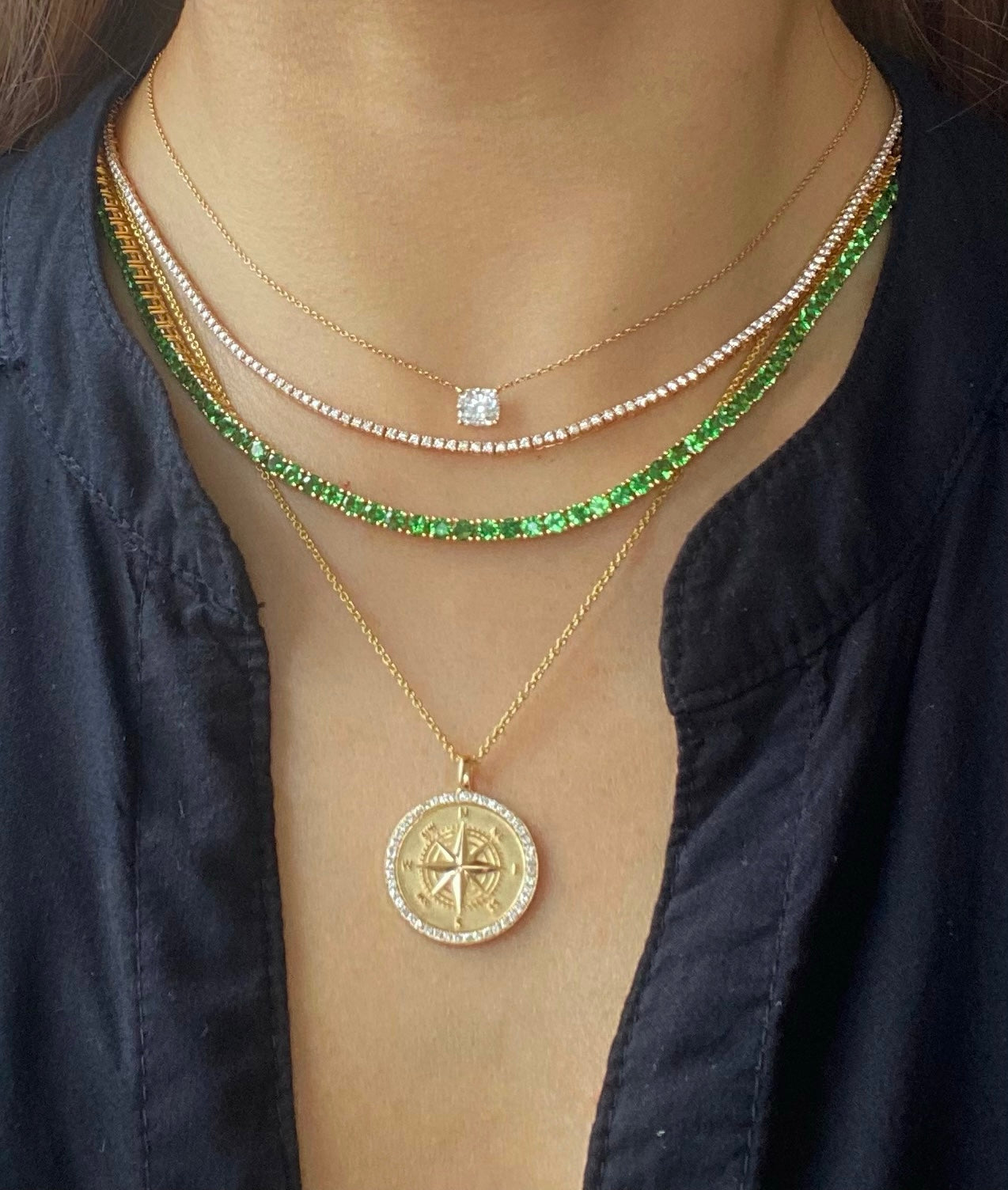 Green Garnet (Tsavorite) 3mm Line Necklace in 18K Yellow Gold