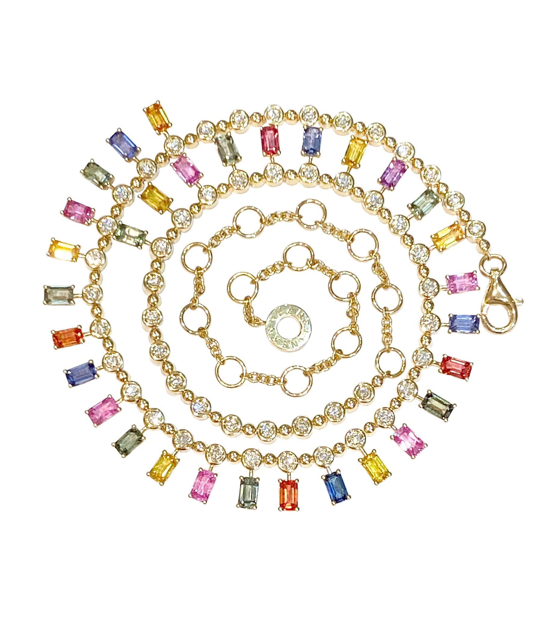 Octagon Rainbow Sapphire and Diamond Necklace in Yellow Gold