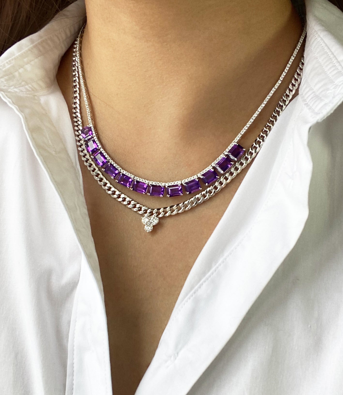 African Amethyst on Fine Diamond Line Necklace in 18K White Gold