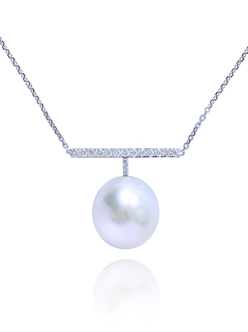 South Sea Pearl Egg and Diamond T-Necklace in 18K White Gold