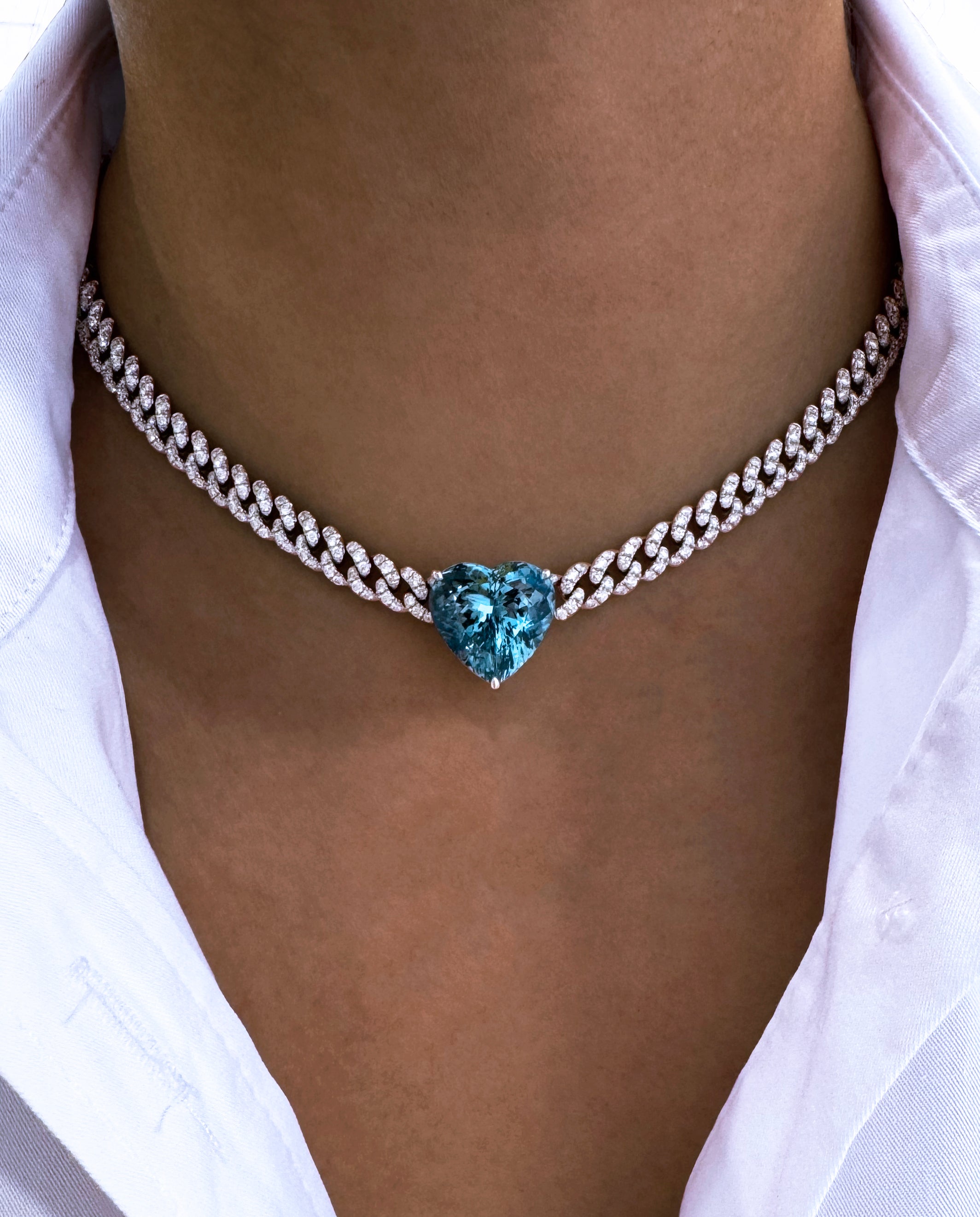 Aquamarine Heart Diamond Link Necklace