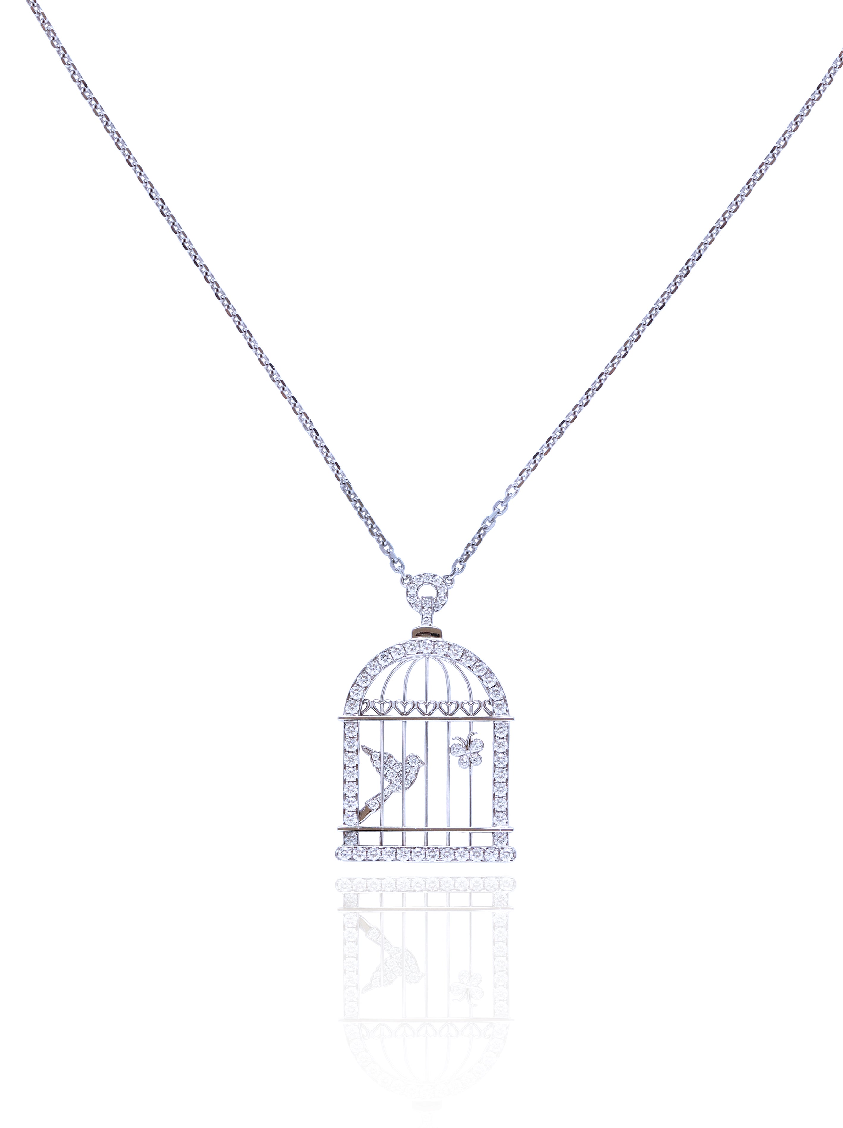 Bird and Butterfly Diamond Necklace in 18K White Gold