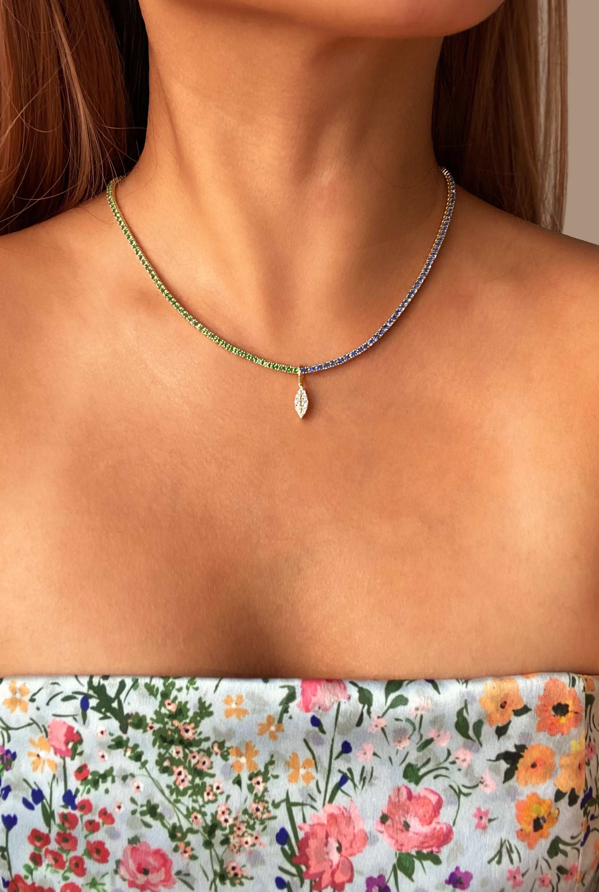 Blue Sapphire and Tsavorite Medium Line Necklace in 18K Yellow Gold