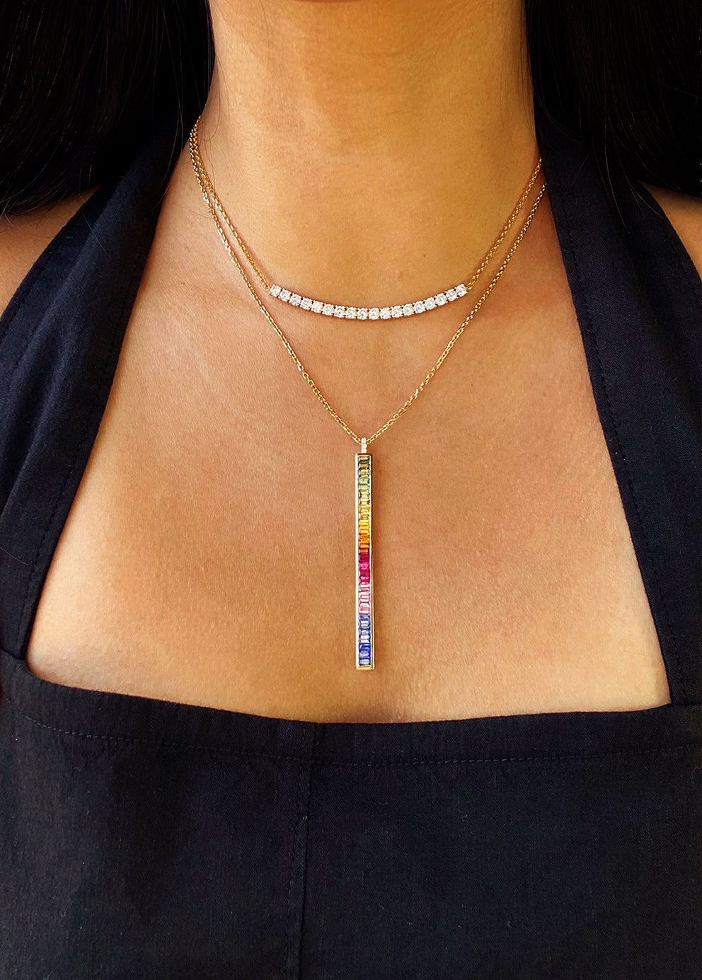 Rainbow Sapphire Bar and Diamond Necklace in 18K Gold