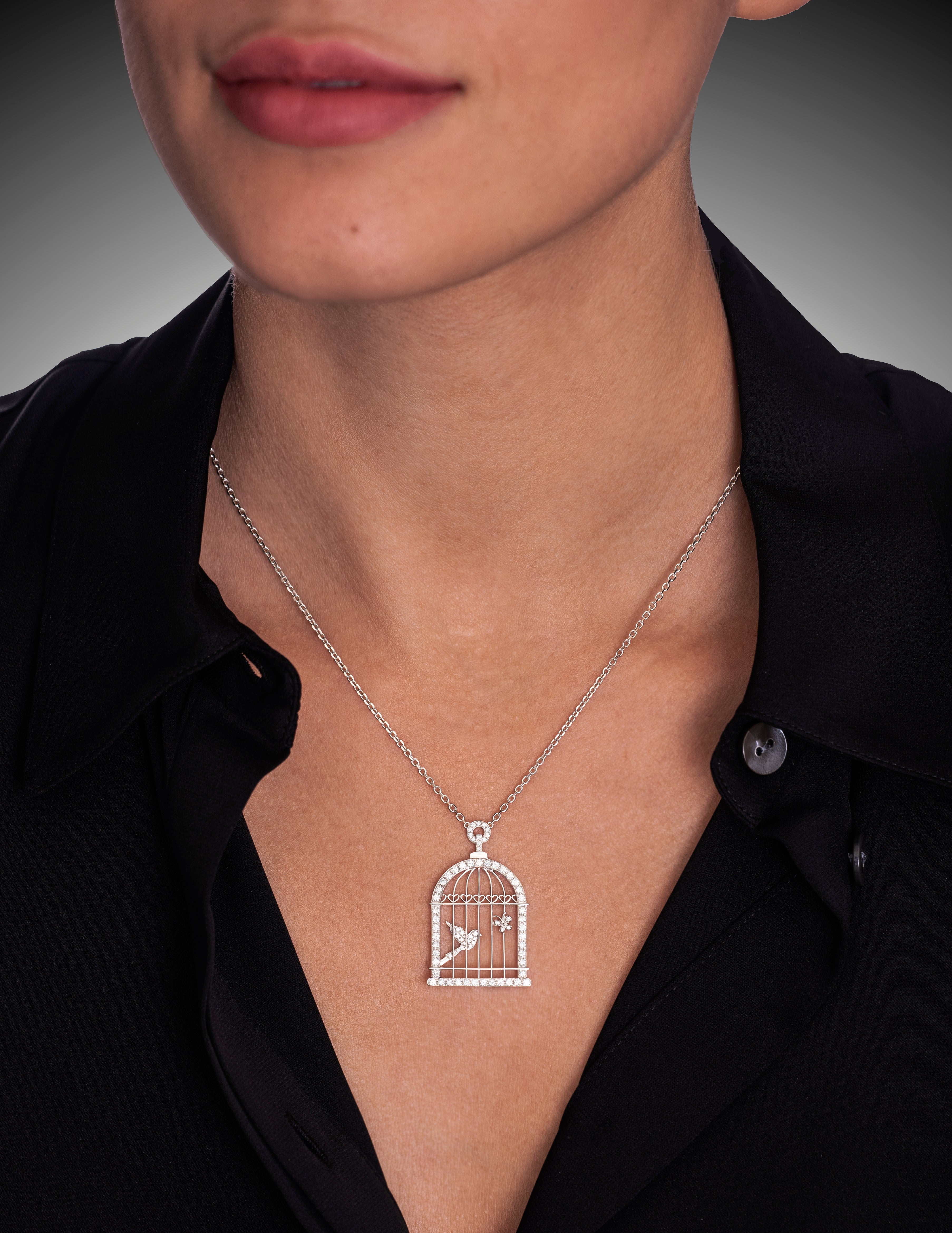 Bird and Butterfly Diamond Necklace in 18K White Gold