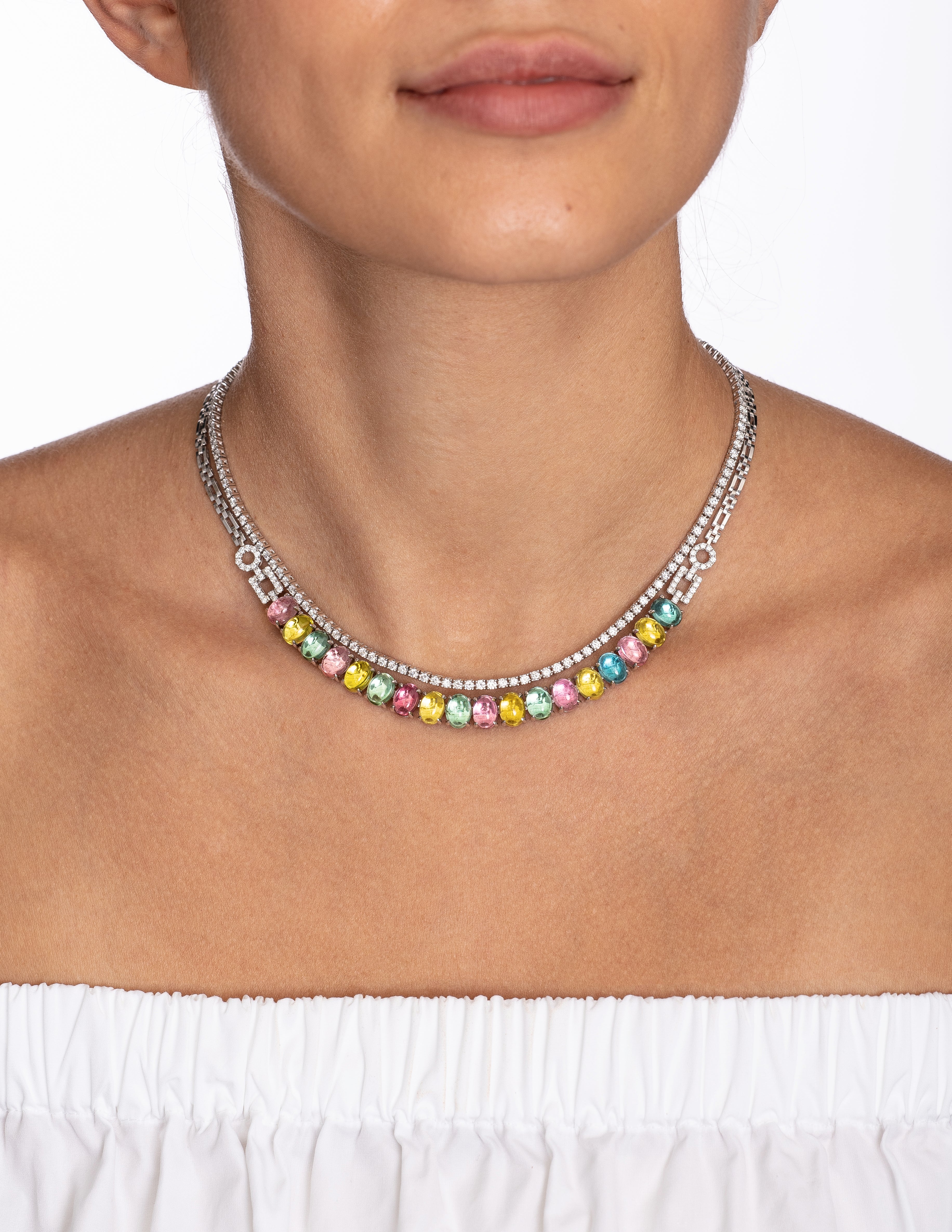 Tourmaline Candy and Diamond Necklace in 18K White Gold