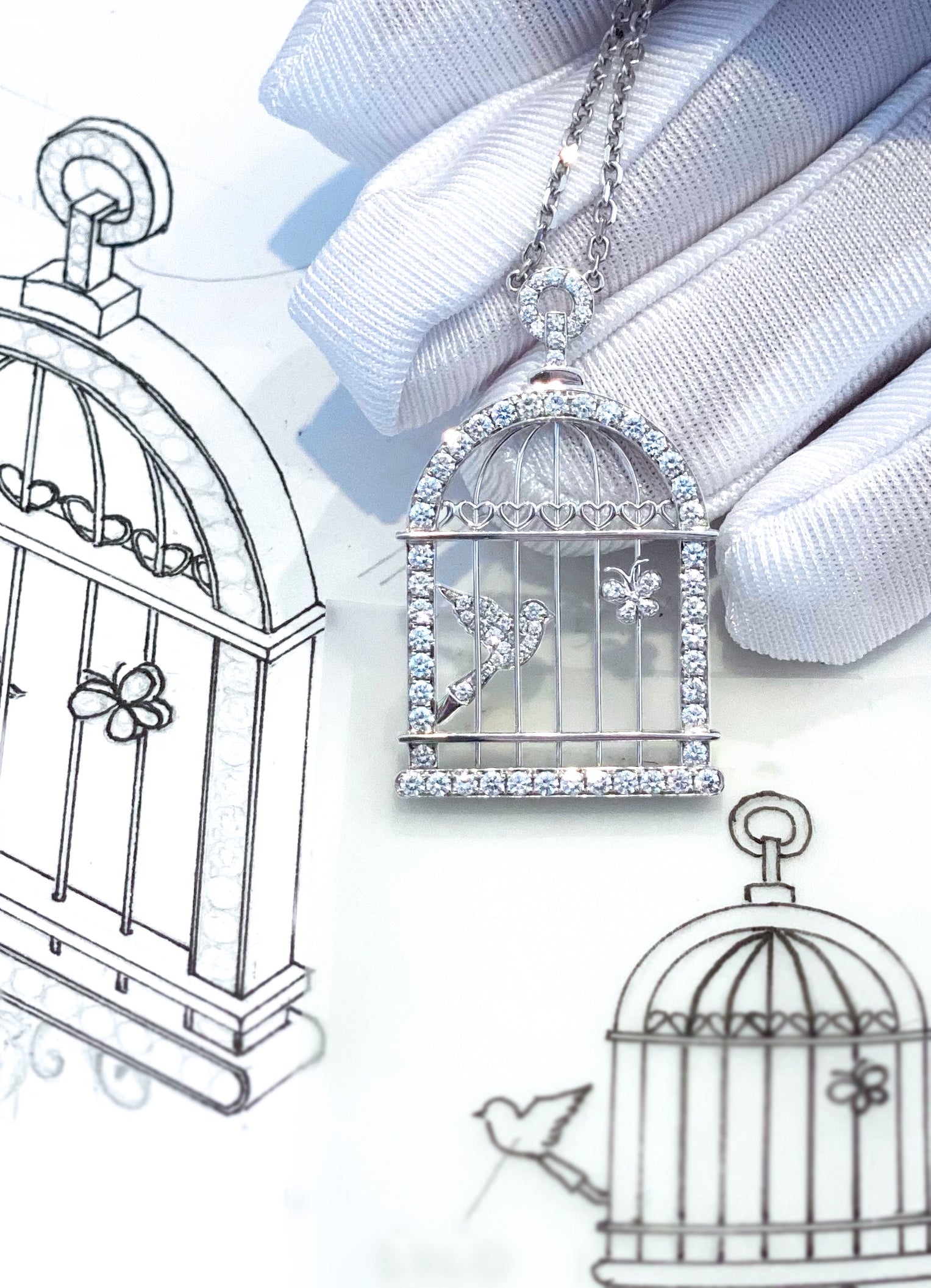 Bird and Butterfly Diamond Necklace in 18K White Gold