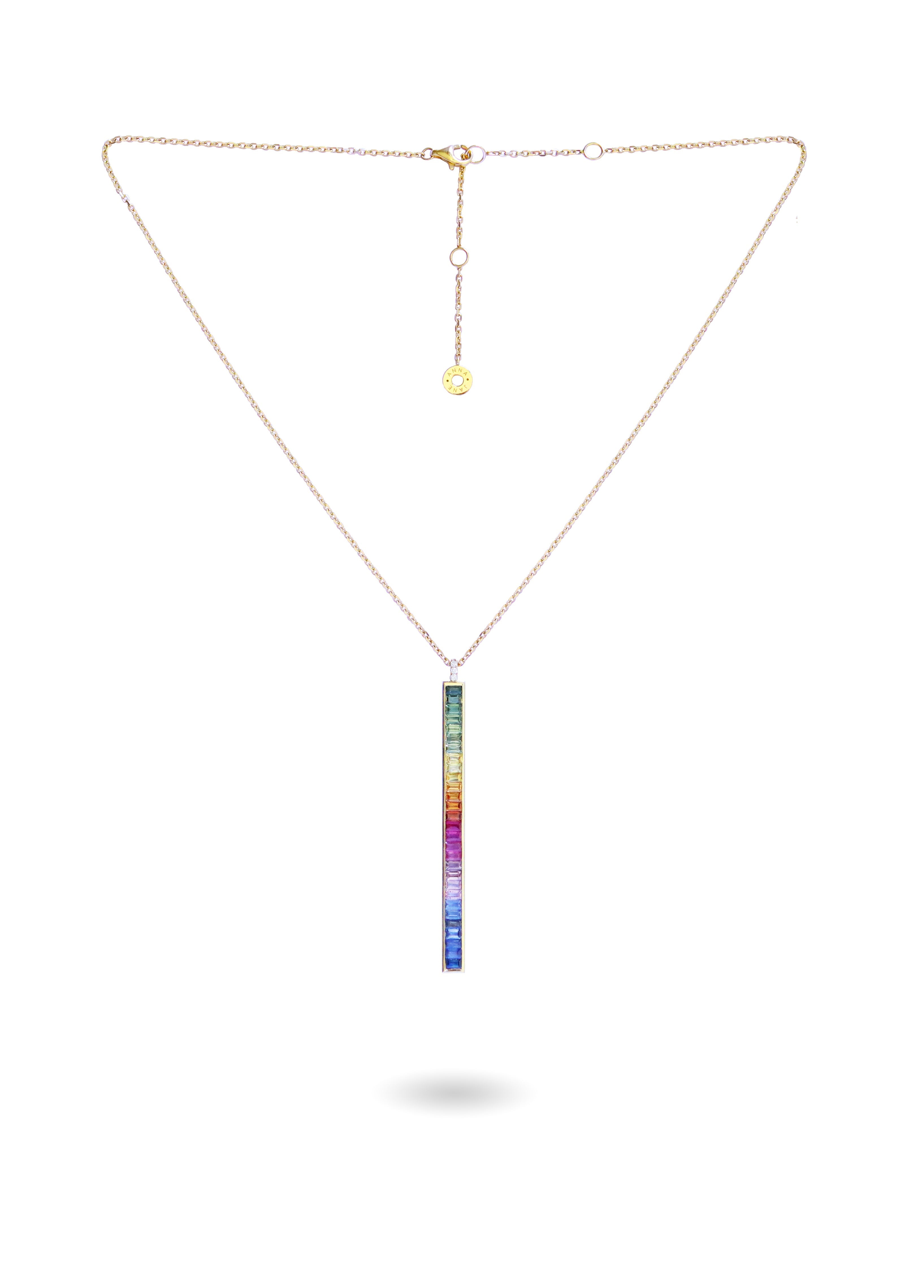 Rainbow Sapphire Bar and Diamond Necklace in Yellow Gold-READY