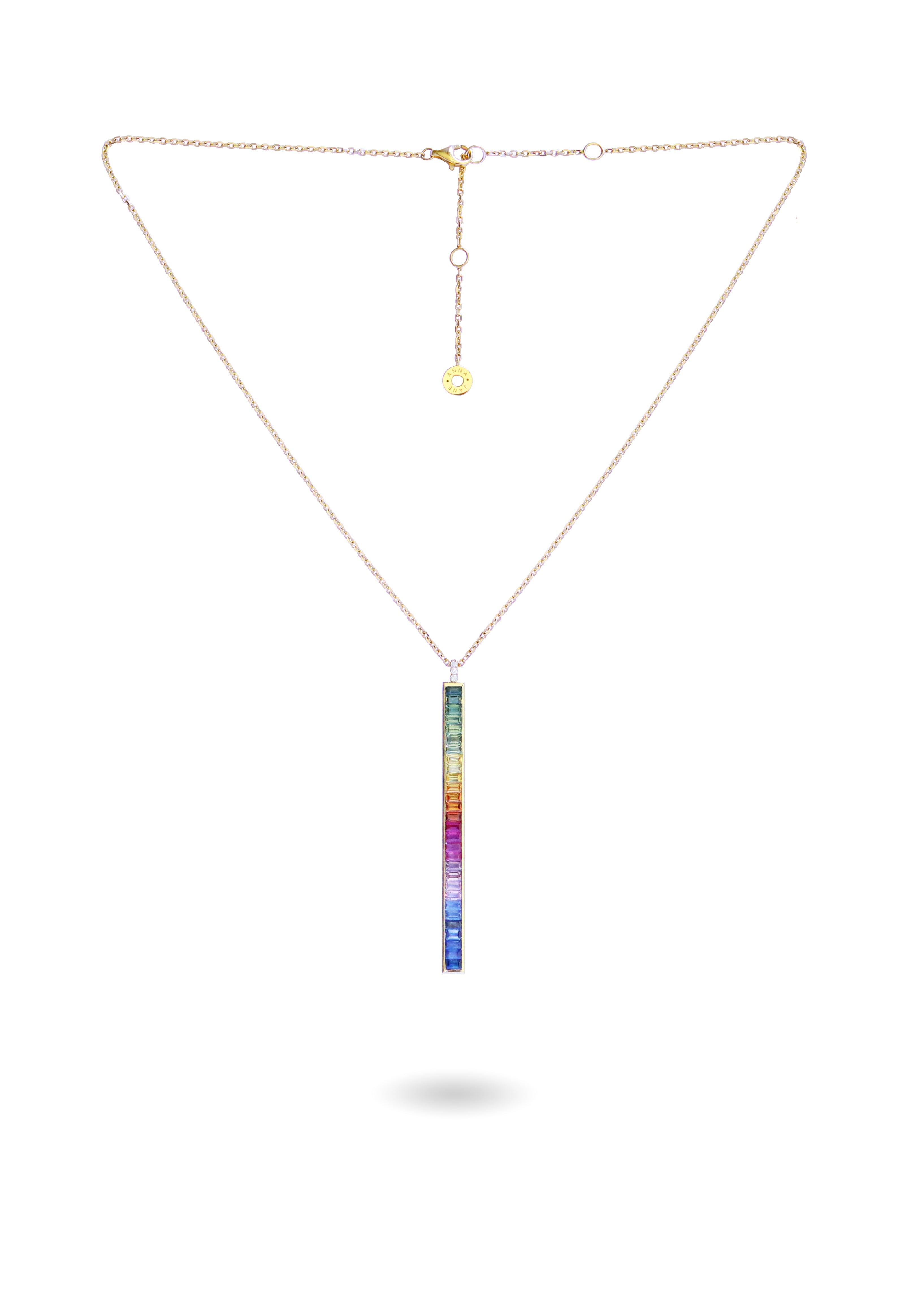Rainbow Sapphire Bar and Diamond Necklace in White Gold-READY