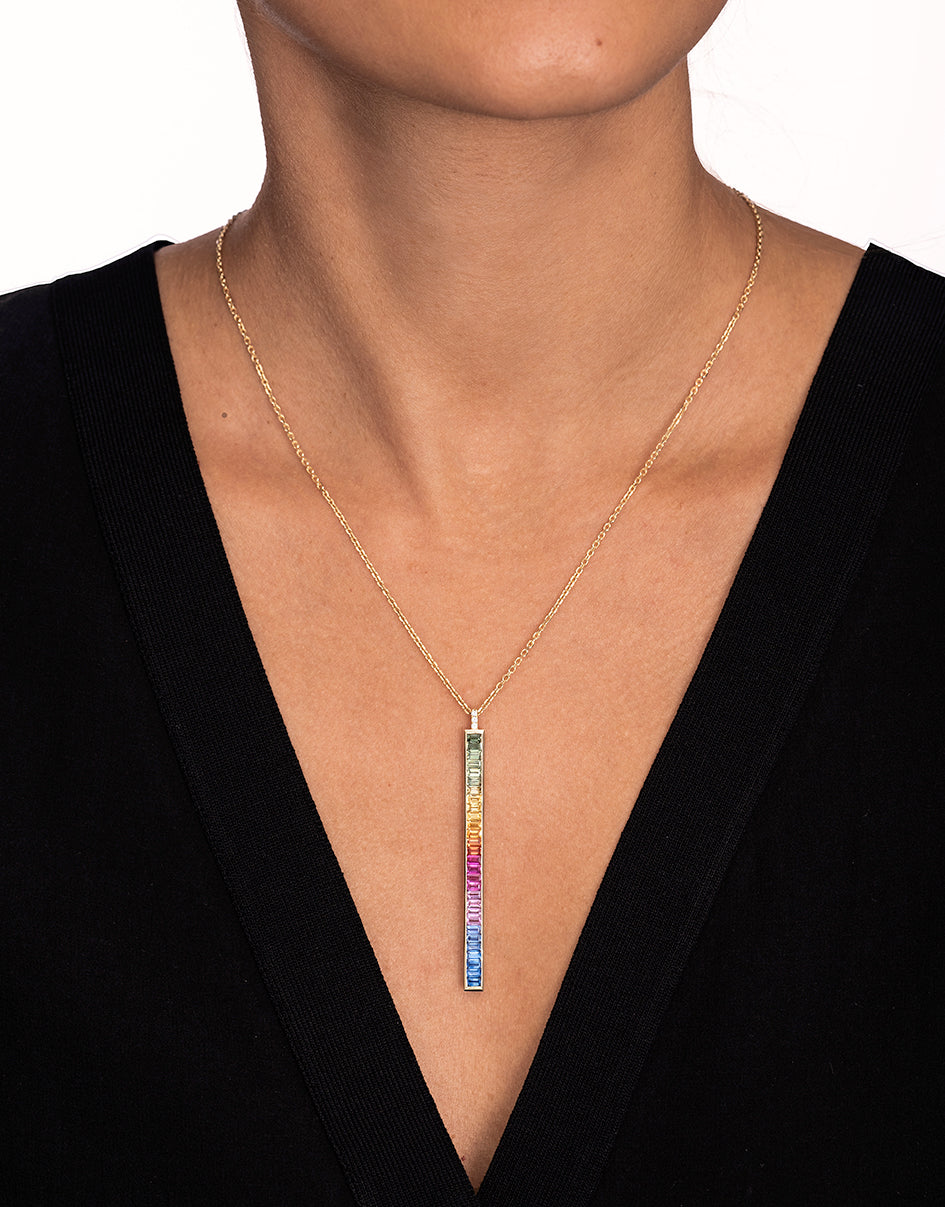 Rainbow Sapphire Bar and Diamond Necklace in 18K Gold
