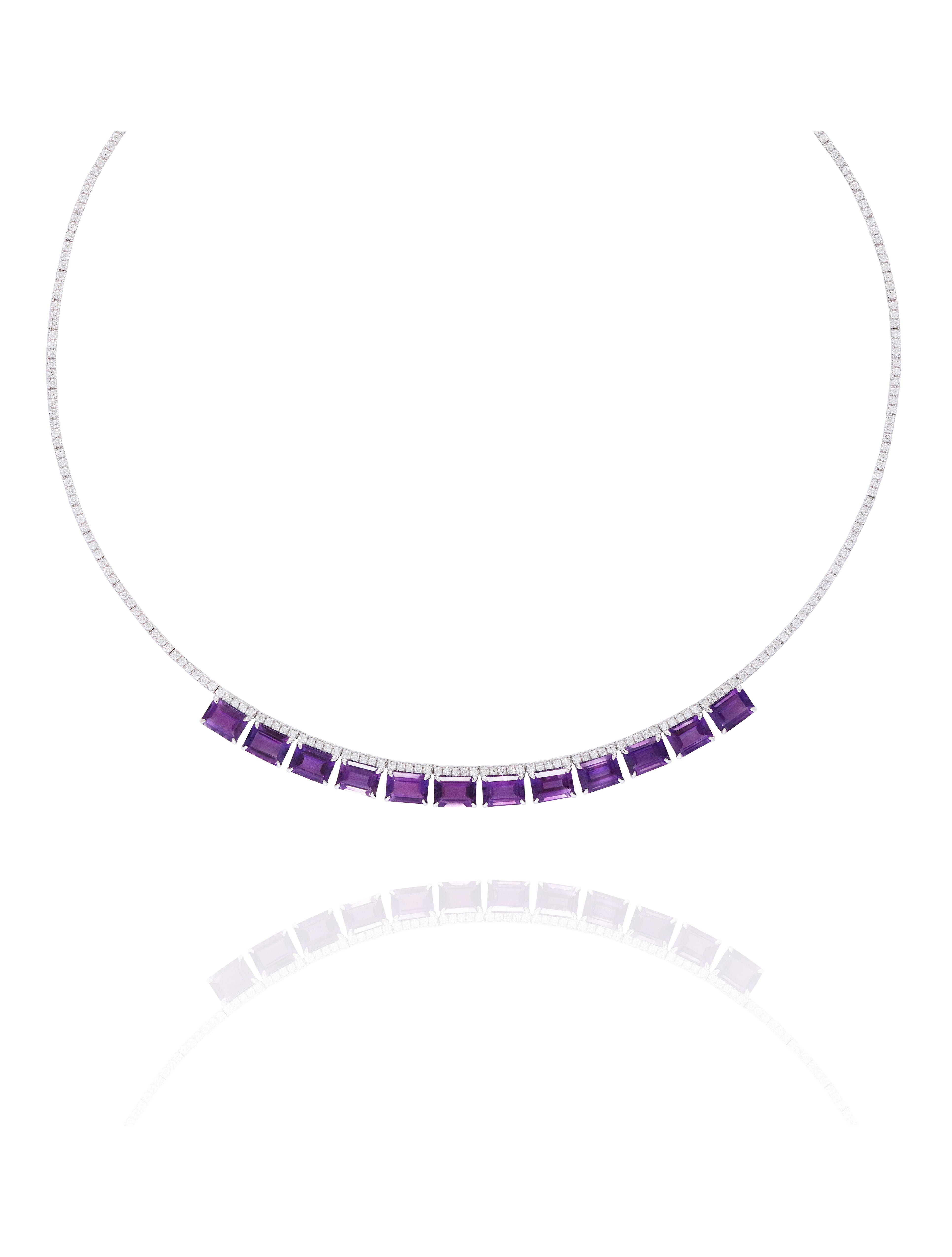 African Amethyst on Fine Diamond Line Necklace in 18K White Gold