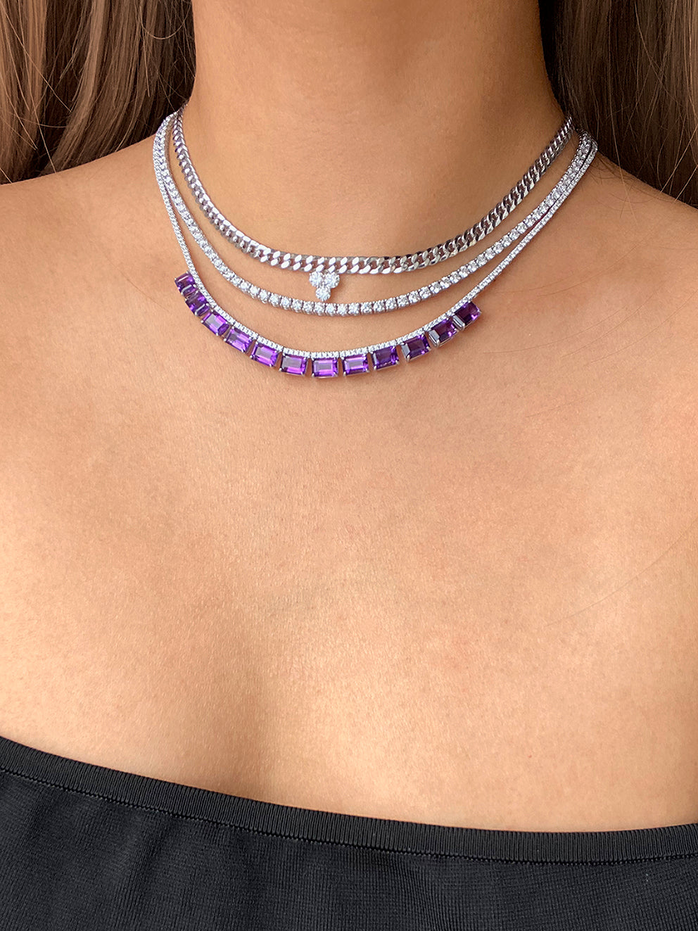 African Amethyst on Fine Diamond Line Necklace in 18K White Gold