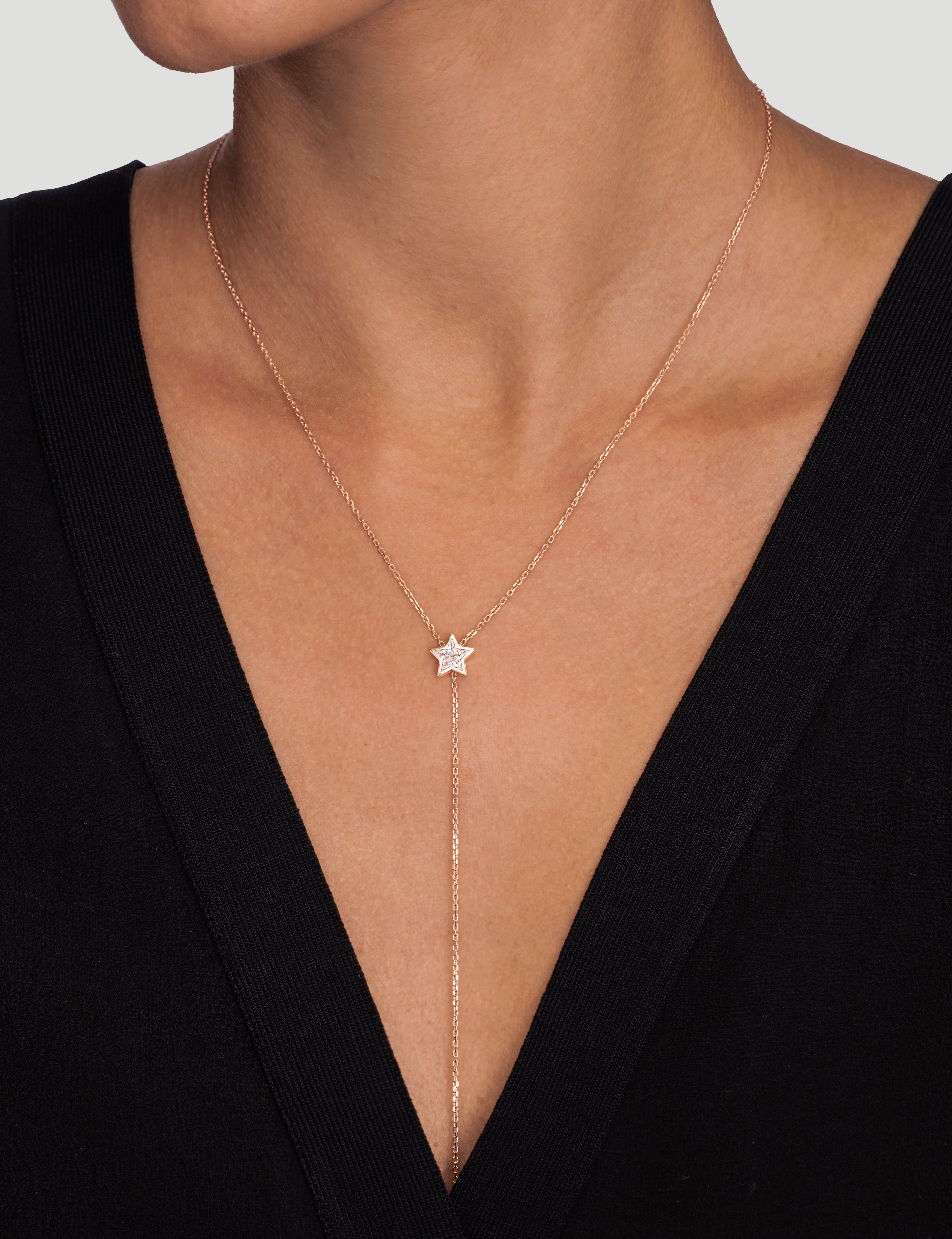 Illusion Diamond Star Lariat Necklace in 18K Rose Gold-Ready To Ship