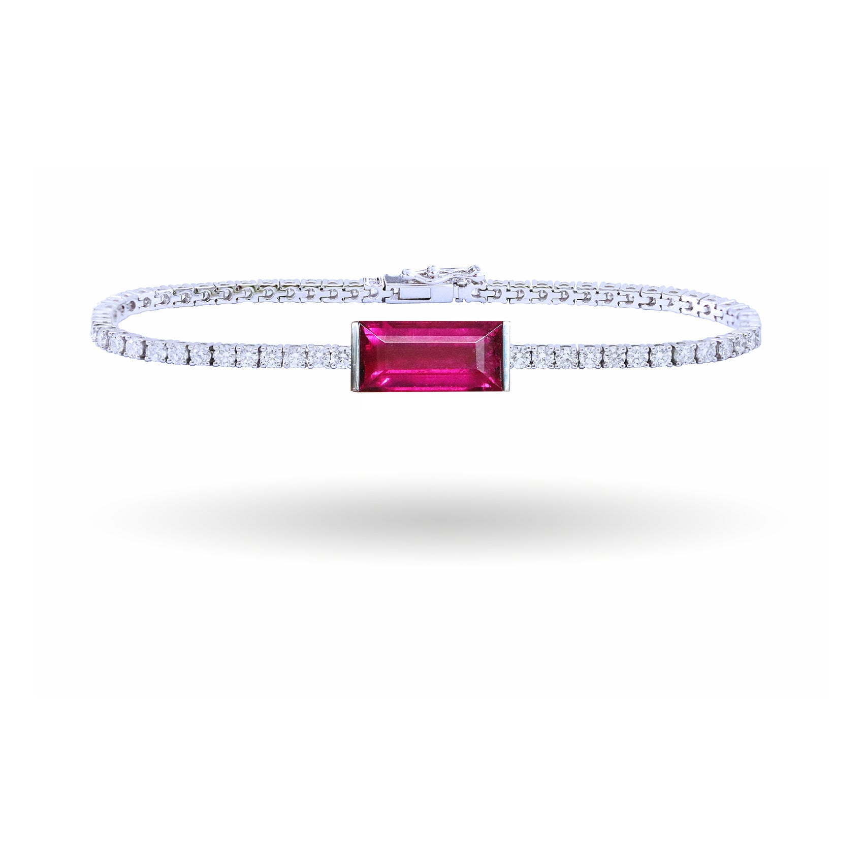 Rubellite on Medium Diamond Line Bracelet in 18K White Gold