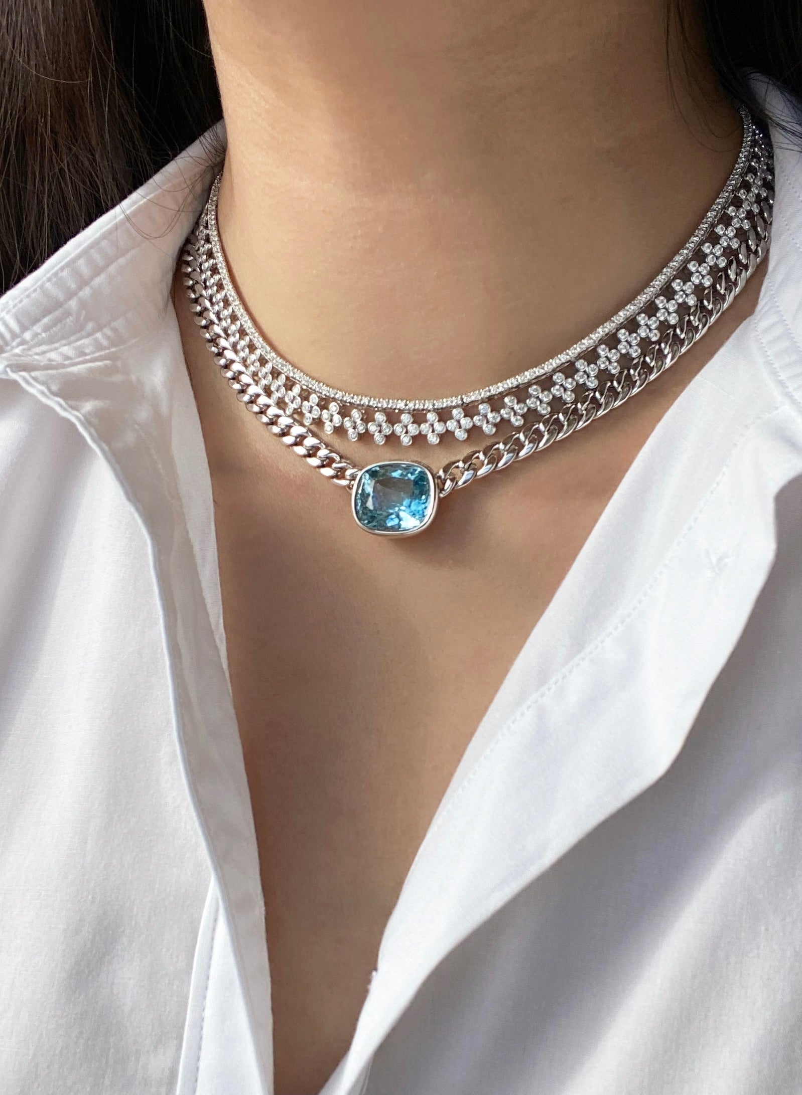 Aquamarine on Chain Necklace with Diamond Clasp in White Gold