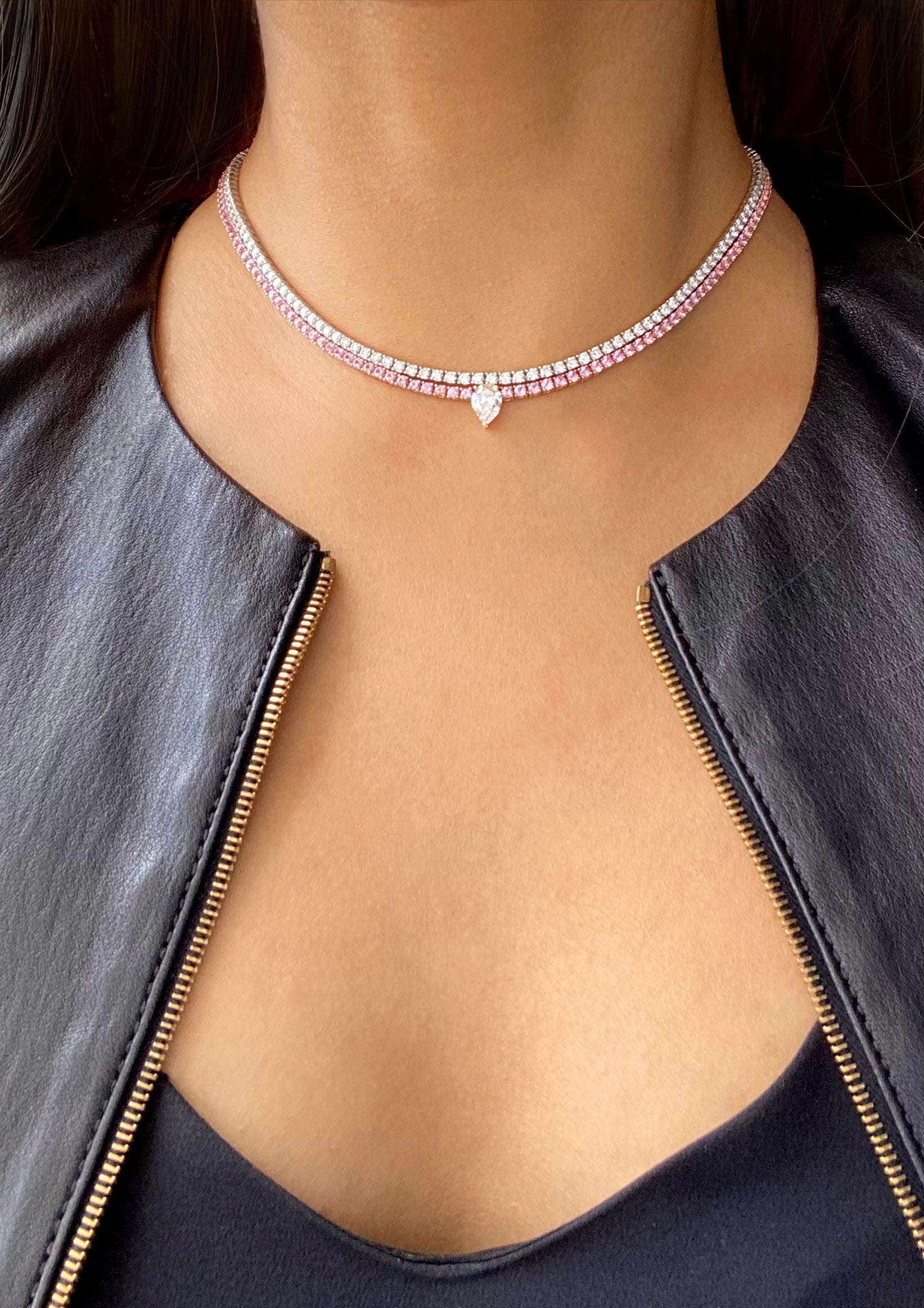 1ct GIA Pear Diamond on Pink Sapphires Medium Line Necklace in 18K Rose Gold- READY TO SHIP