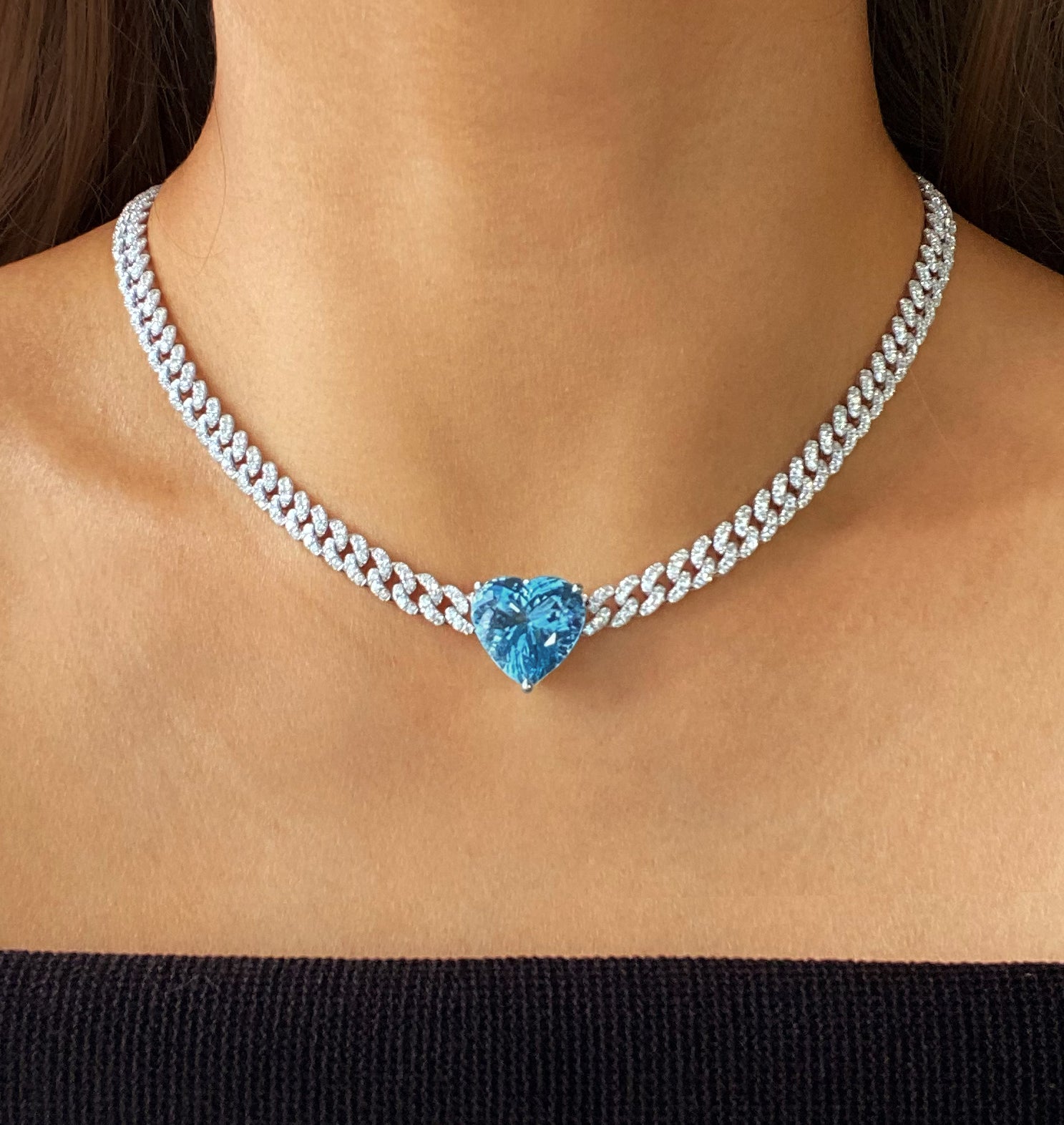 Aquamarine Heart Diamond Link Necklace