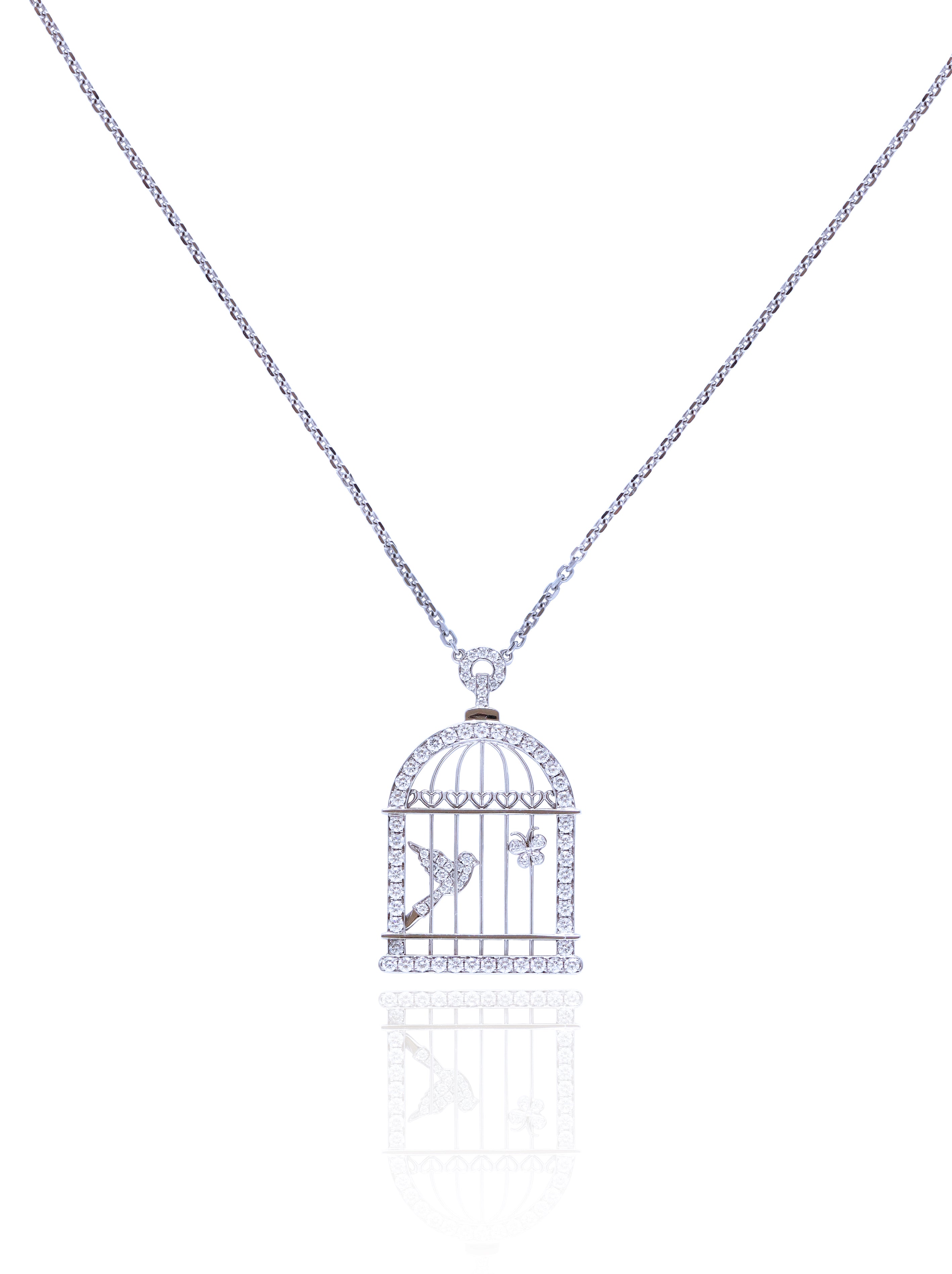 Butterfly on Birdcage Diamond Necklace in 18K White Gold