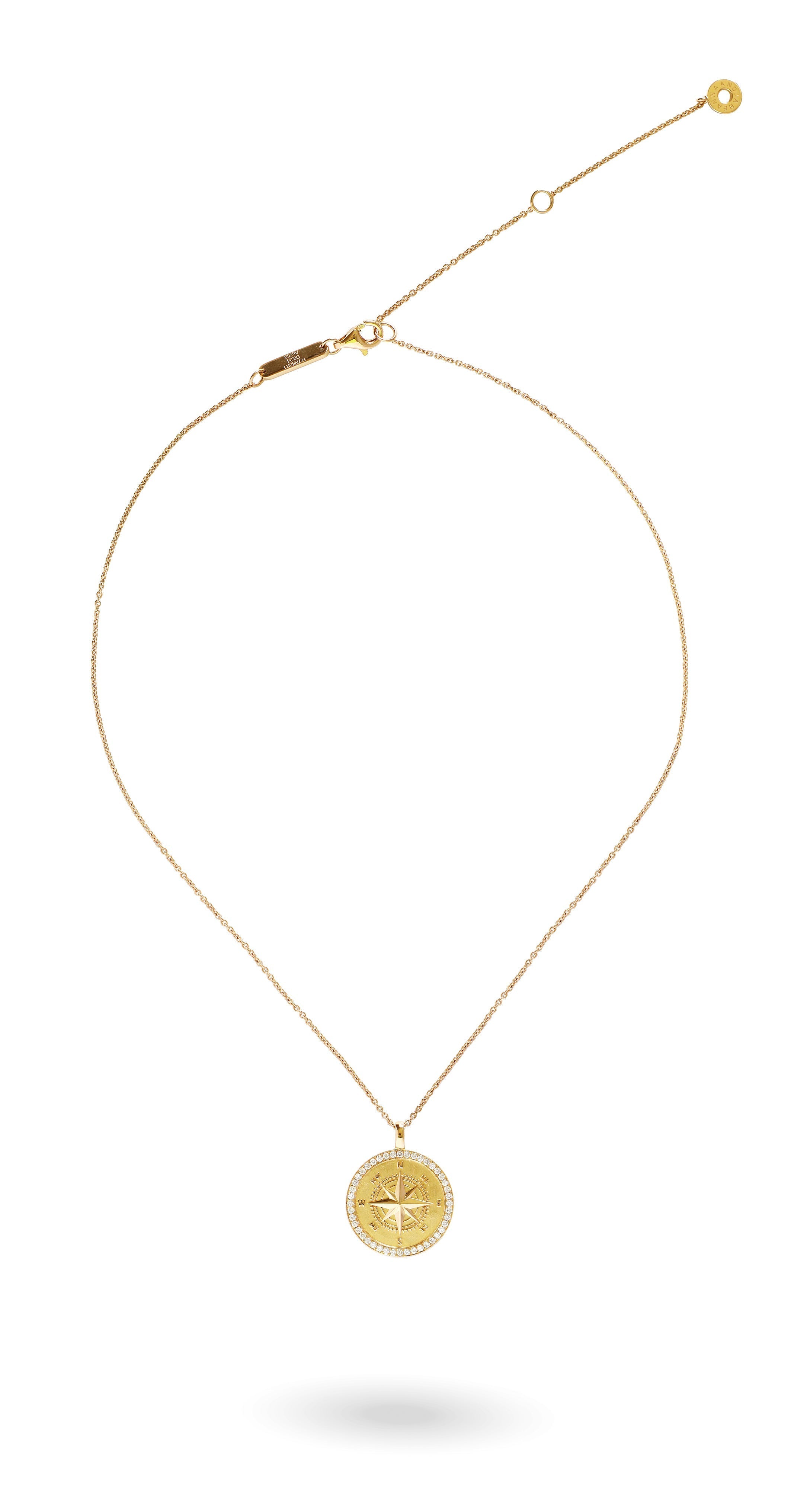 Diamond Compass Coin Necklace in Yellow Gold-READY