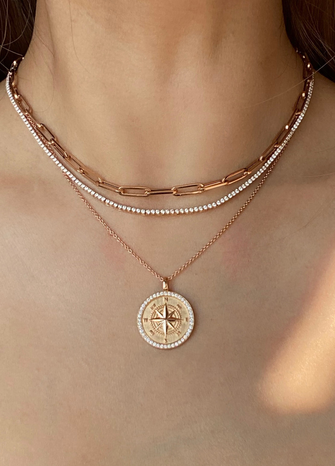 Diamond Compass Coin Necklace in Rose Gold-READY