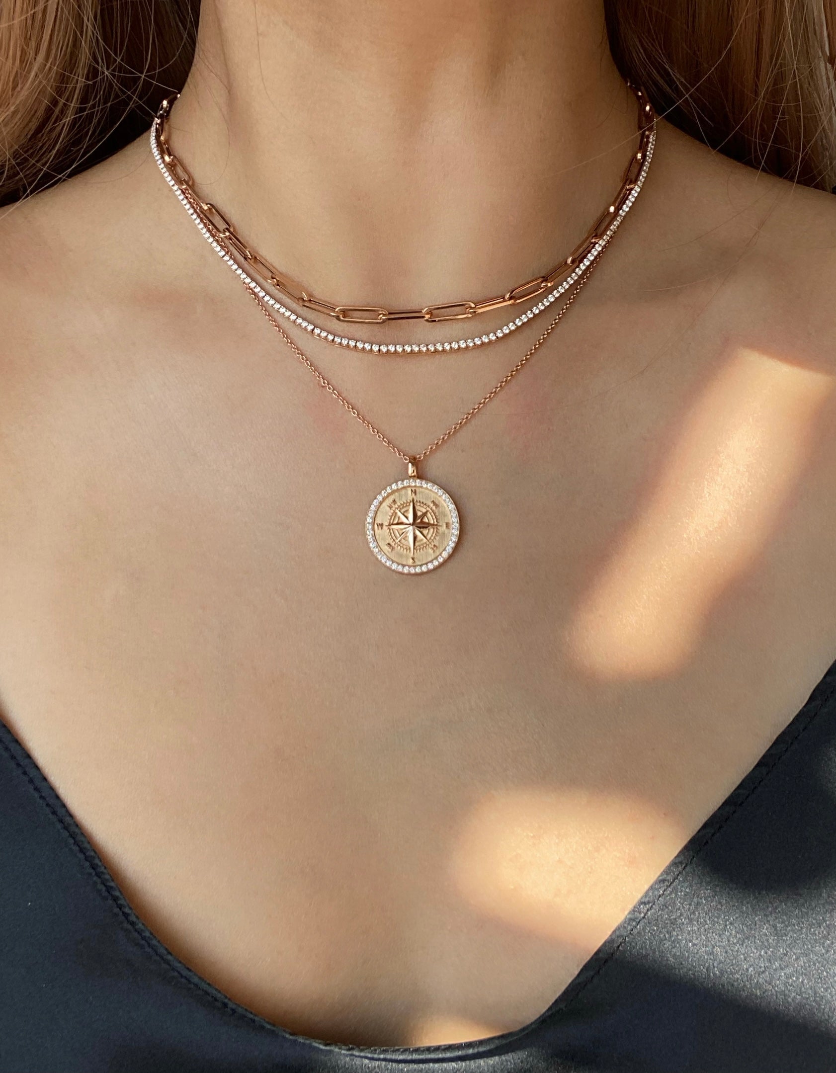 Diamond Compass Coin Necklace in Rose/White/Yellow Gold