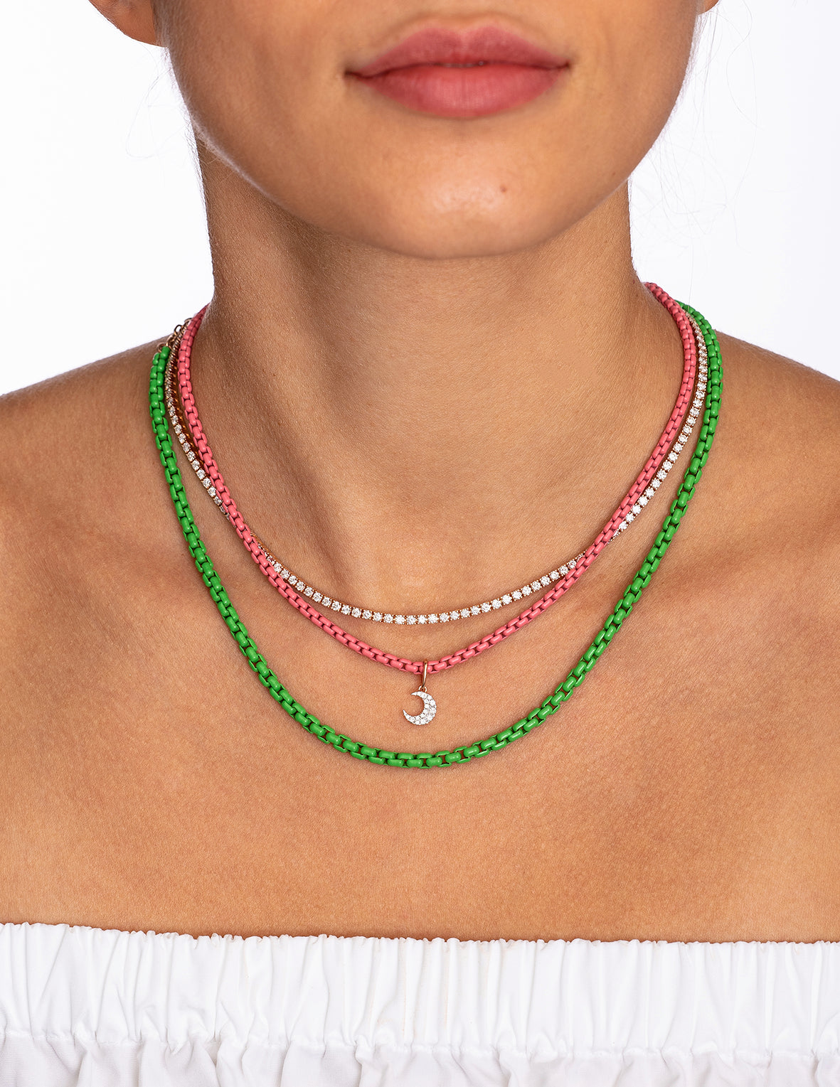 Green Pea Enamelled Chain Necklace with 18K Rose Gold Accessories (Medium)-READY