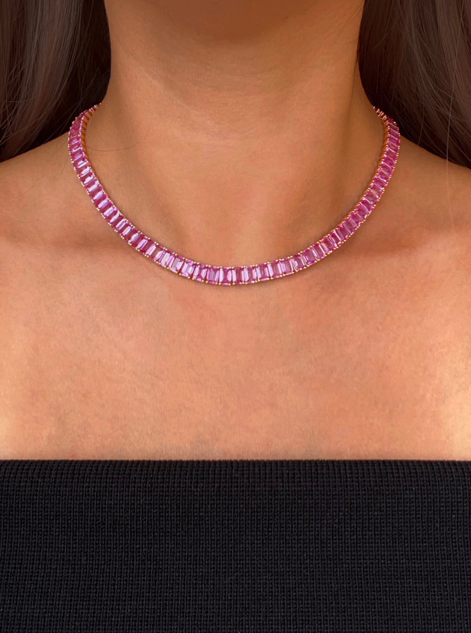 Pink Sapphires 35.11cts and Diamond Statement Line Necklace in 18K Rose Gold