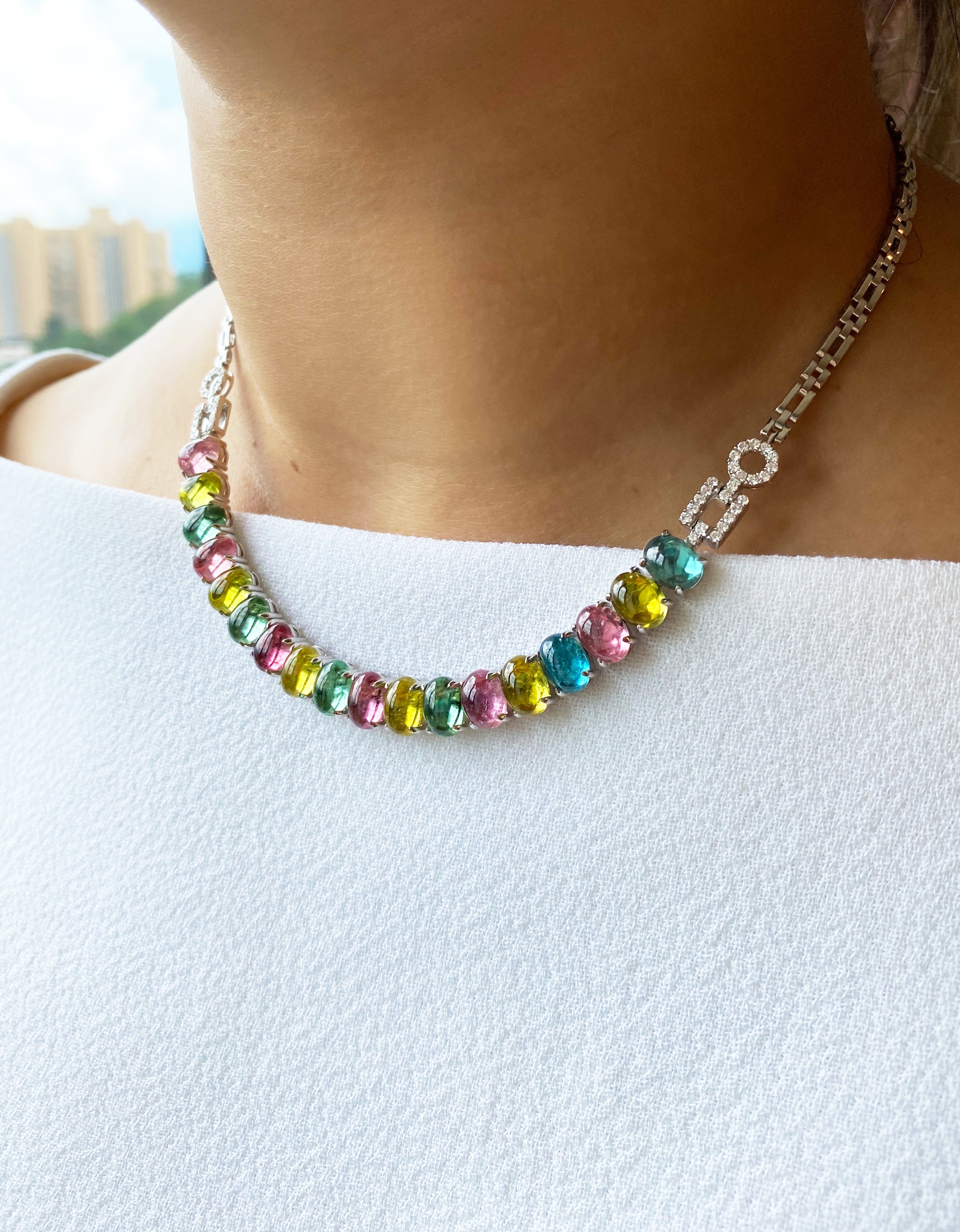 Tourmaline Candy and Diamond Necklace in 18K White Gold
