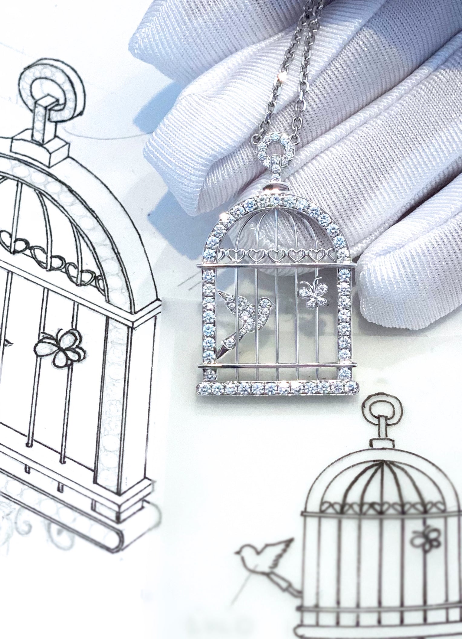 Butterfly on Birdcage Diamond Necklace in 18K White Gold