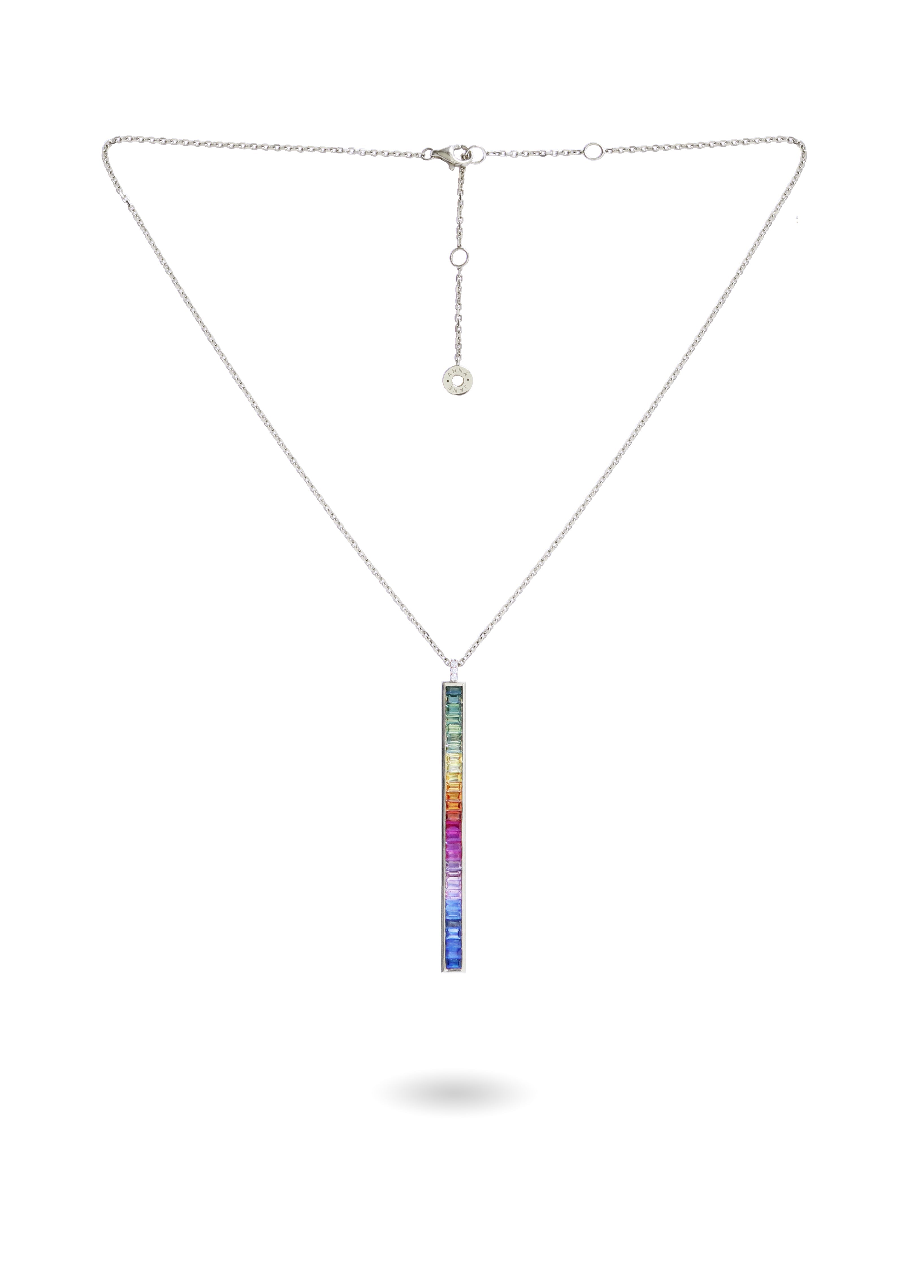 Rainbow Sapphire Bar and Diamond Necklace in White Gold-READY