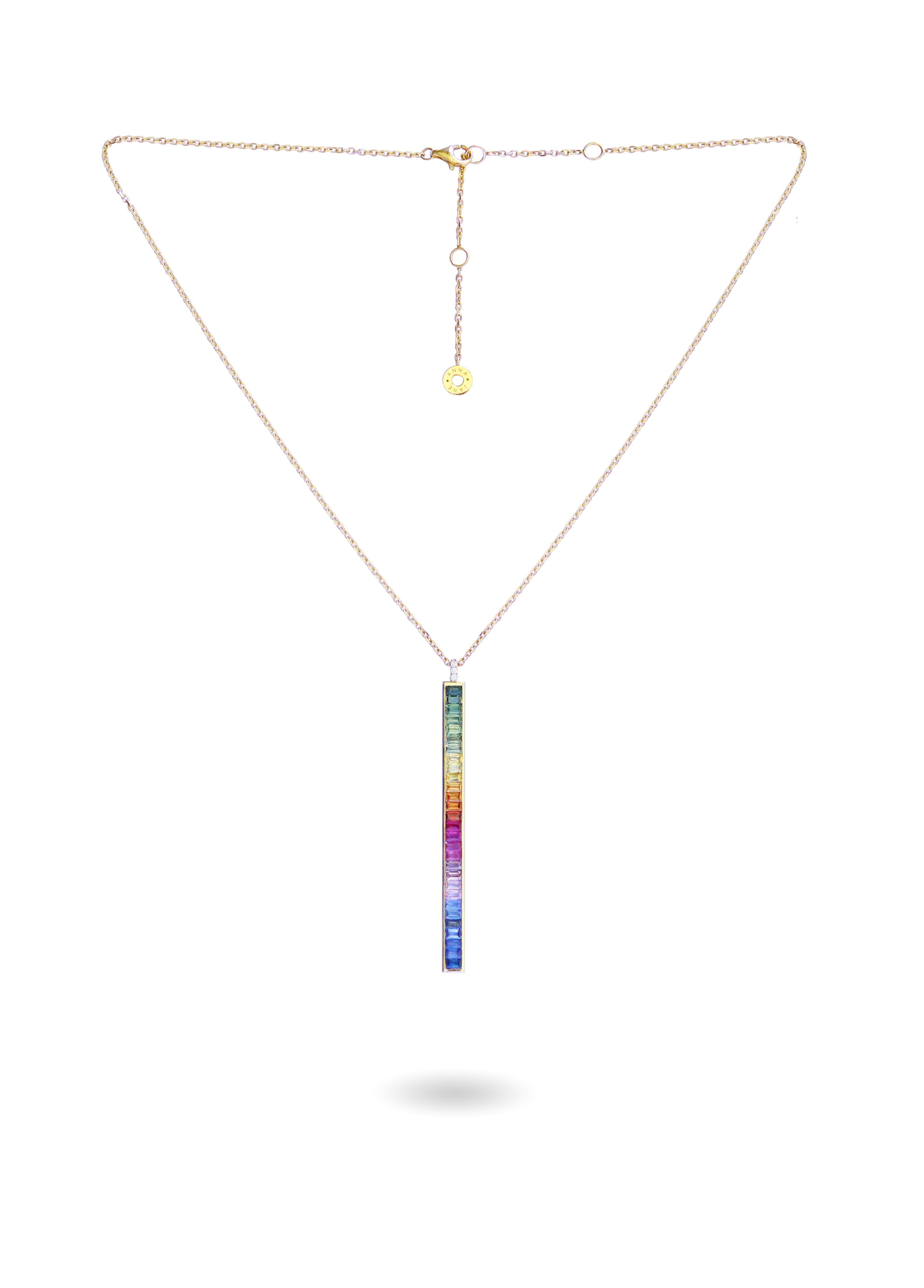 Rainbow Sapphire Bar and Diamond Necklace in White Gold-READY
