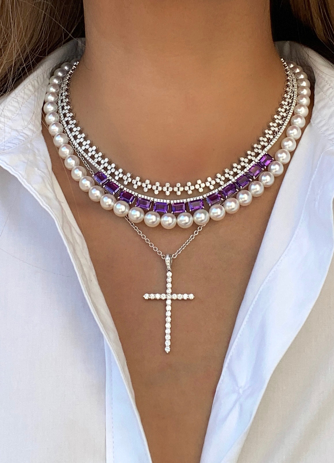 African Amethyst on Fine Diamond Line Necklace in 18K White Gold