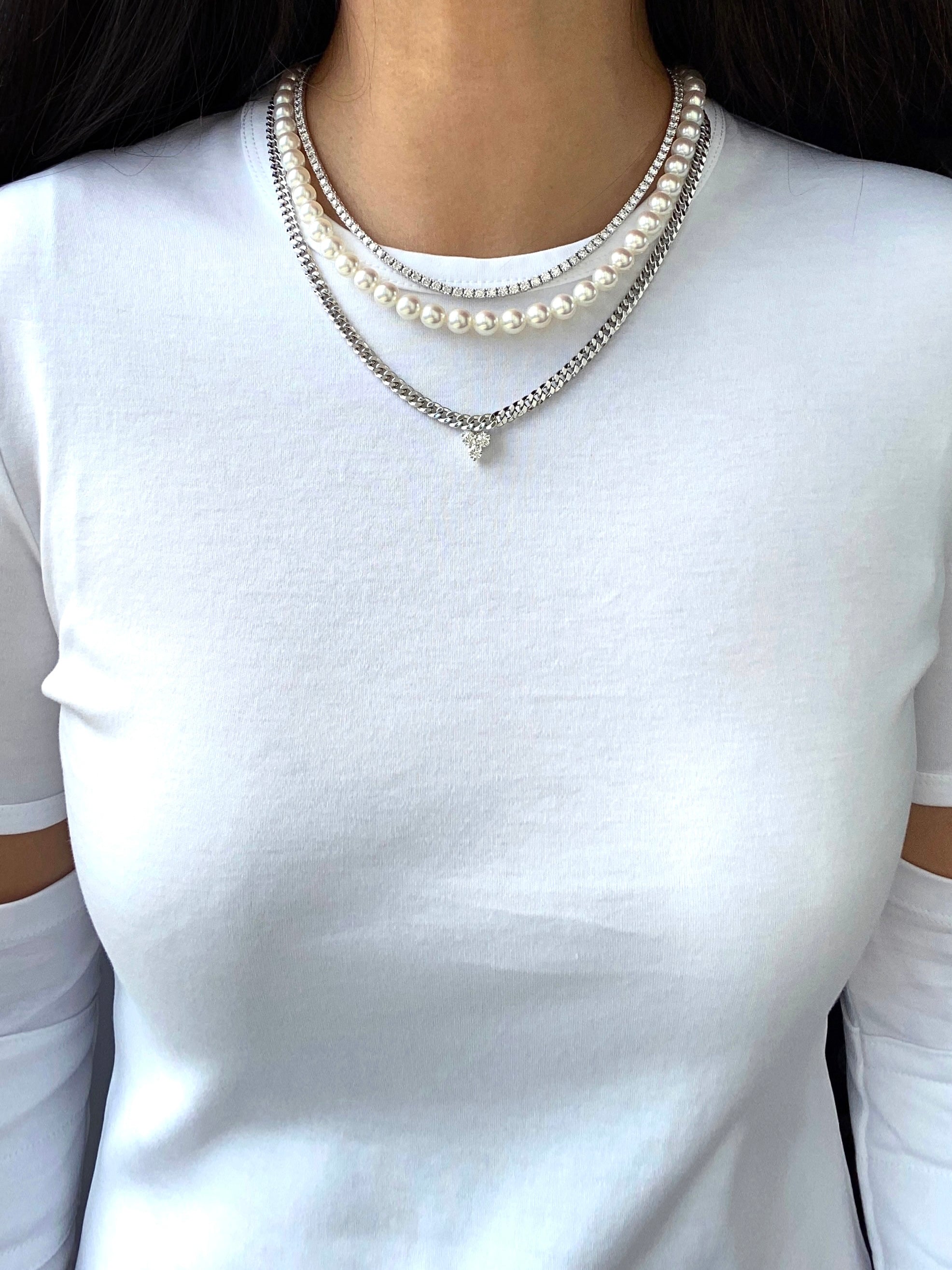 Akoya Pearl Necklace with Diamond and 18K White Gold Accessories-READY